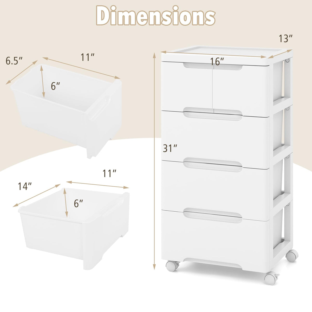 White 5 Drawer Rolling Plastic Storage Cart C691819