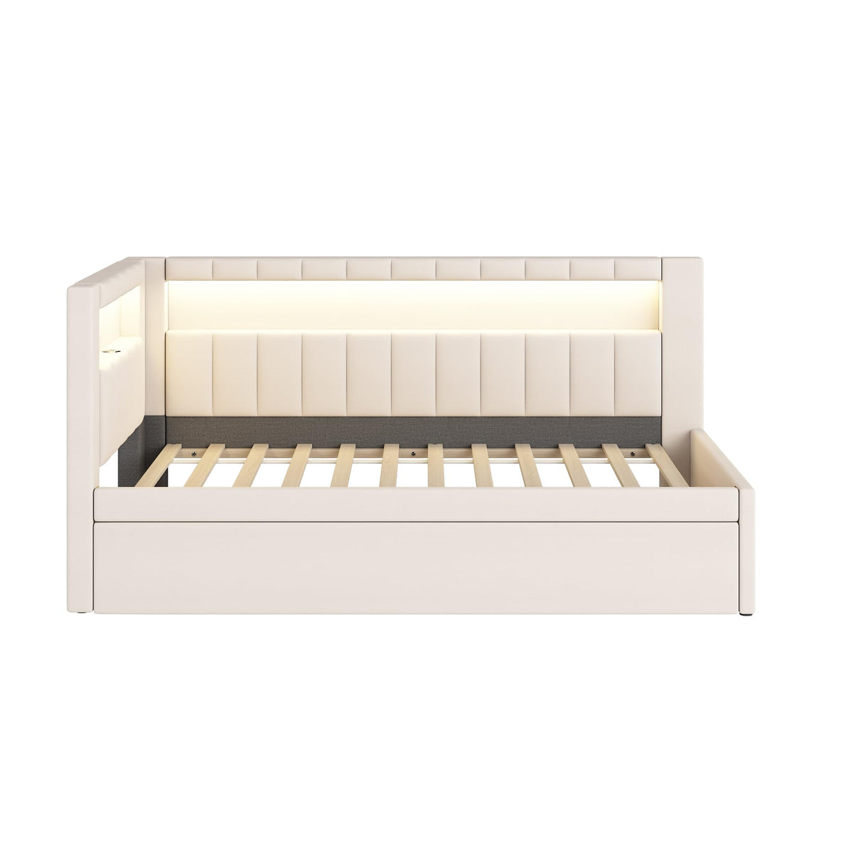 Twin Size Upholstered Daybed with Trundle and USB LED Belt V43915