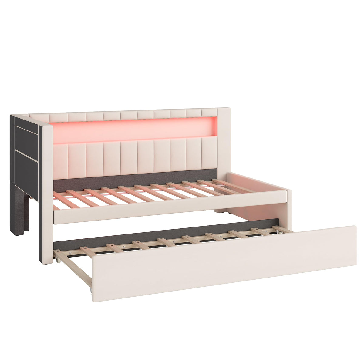 Twin Size Upholstered Daybed with Trundle and USB LED Belt V43915