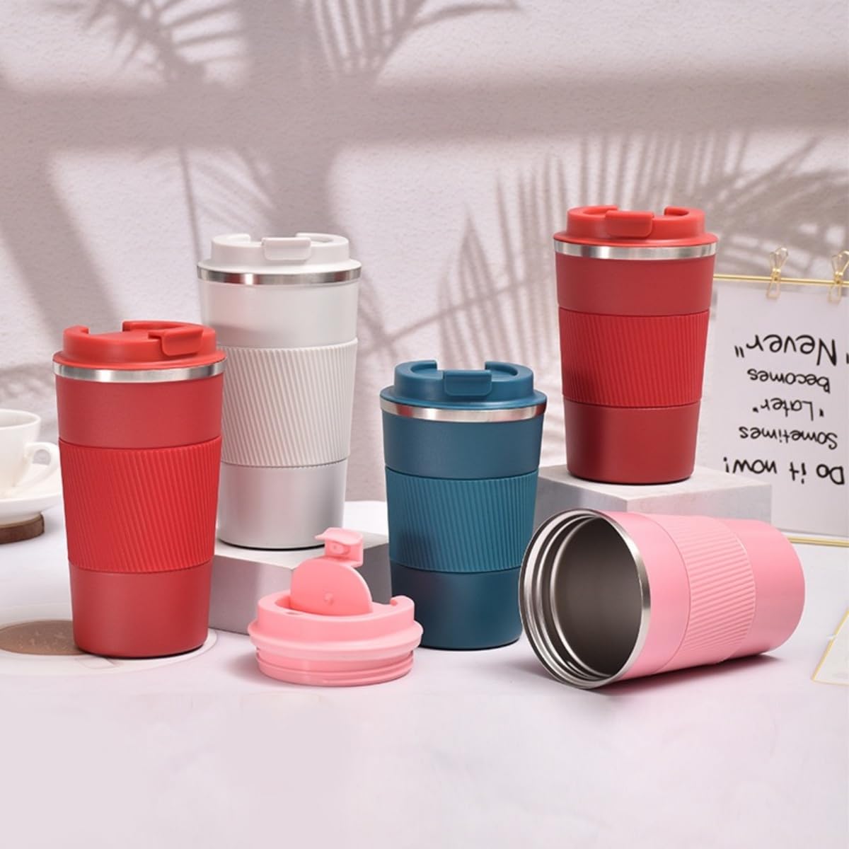 Stainless Steel Insulated Travel Coffee Mug Flip up Tumbler, Double wall Leak Proof Vacuum Cup Keep Drink Cold and Hot (Red, 17 Ounces) P19536