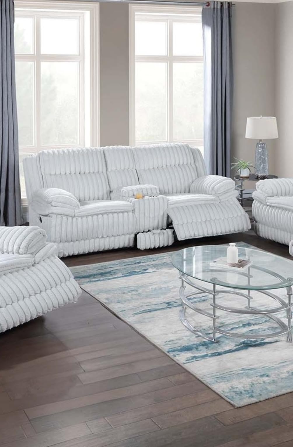Light Gray Corduroy Reclining Loveseat with Console and Drawer Storage U18520