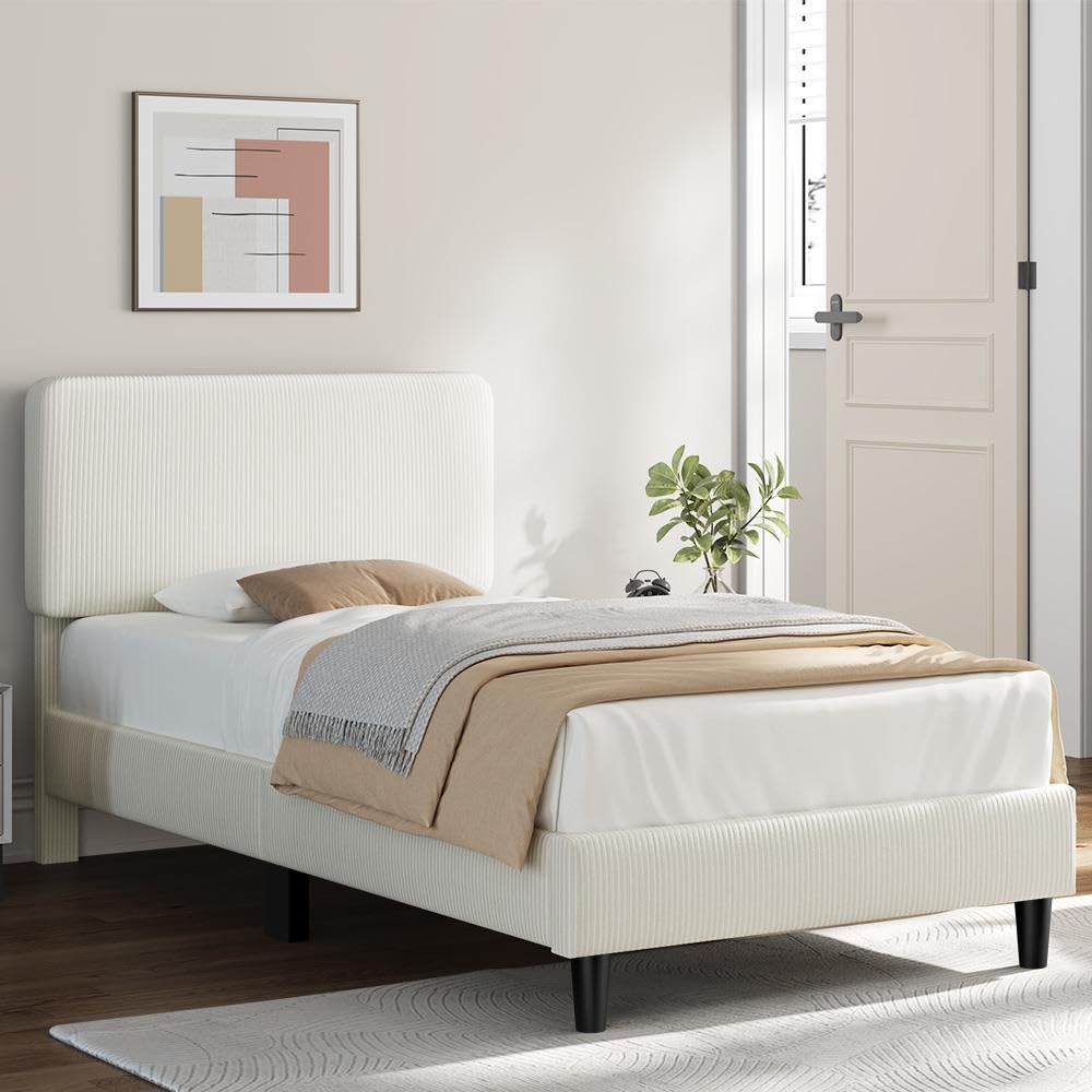 Twin Bed Frame with Adjustable Chenille Upholstered Headboard, Beige G383