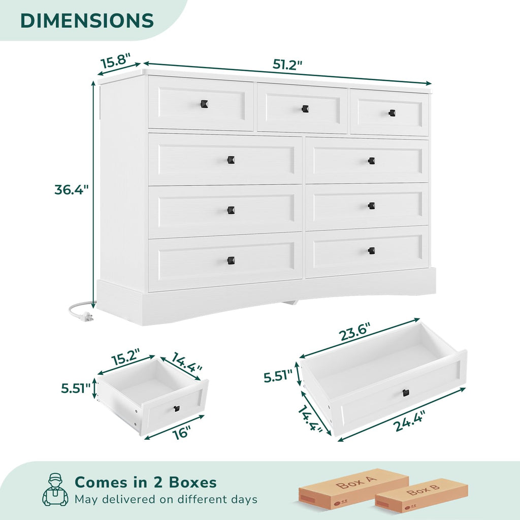 White 9 Drawer Wood Dresser with Charging Station I6550