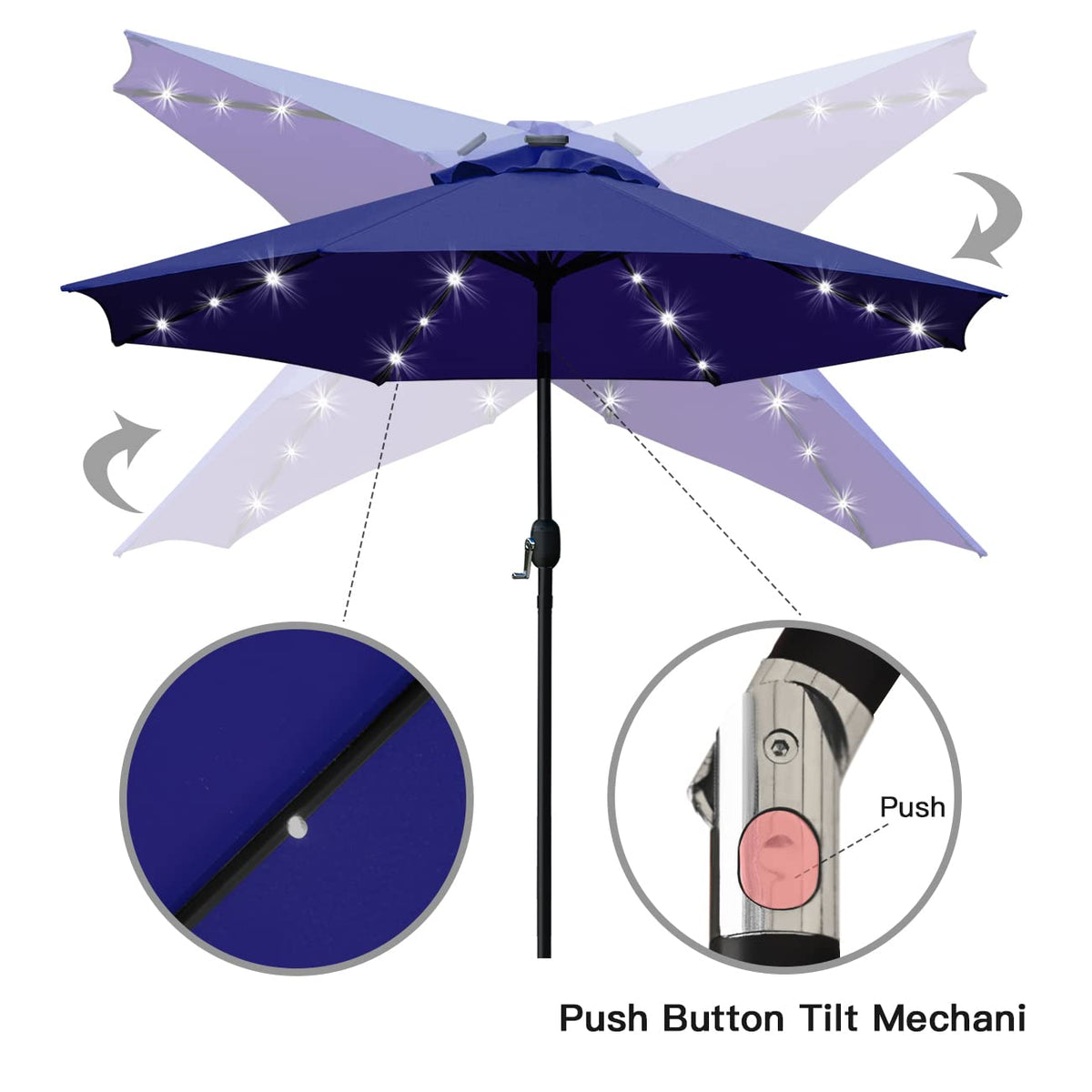 9' Solar LED Patio Umbrella, 8 Ribs, Tilt & Crank (Navy Blue) Q399289