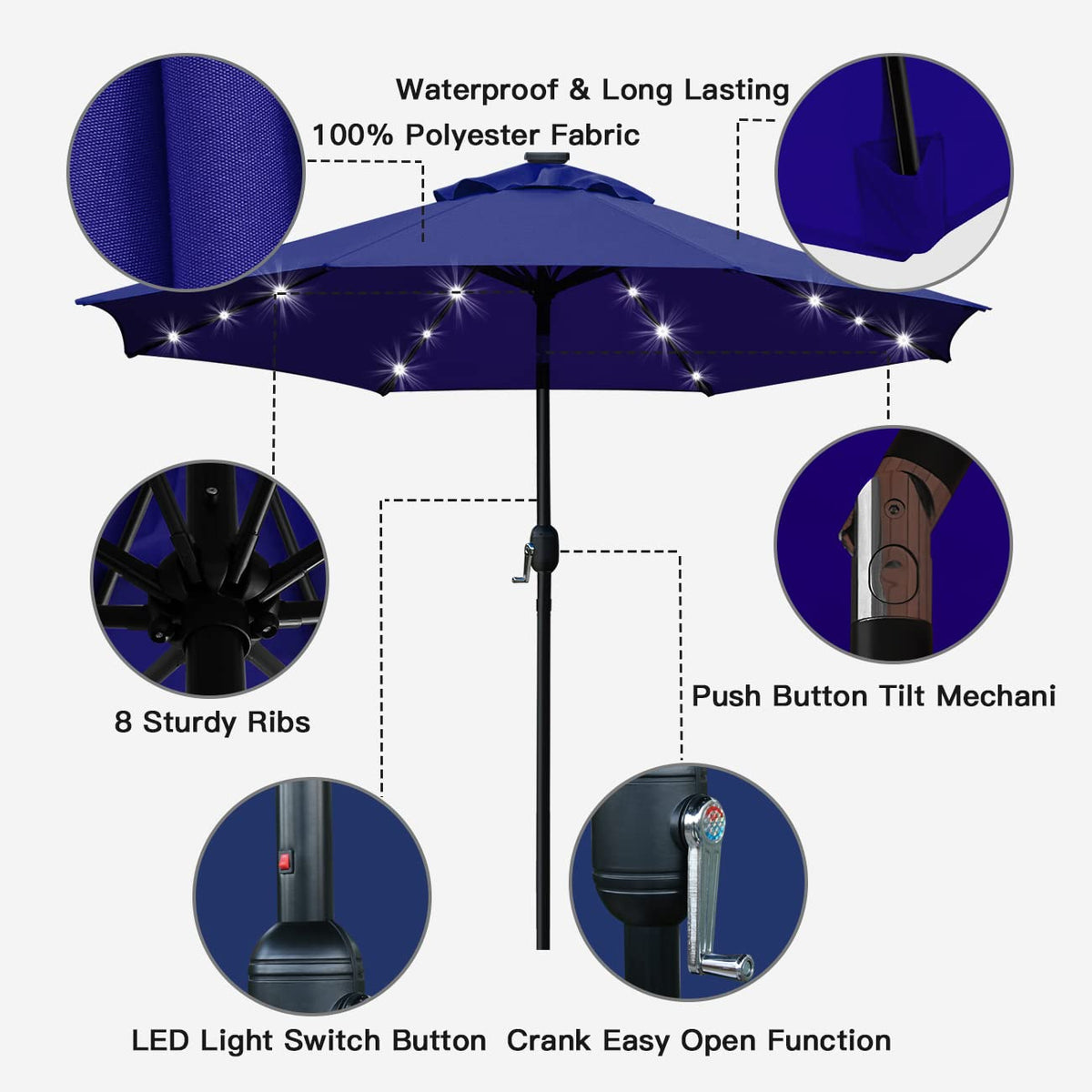 9' Solar LED Patio Umbrella, 8 Ribs, Tilt & Crank (Navy Blue) Q399289