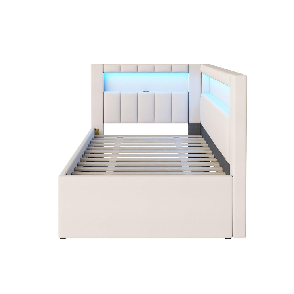 Twin Size Upholstered Daybed with Trundle and USB LED Belt V43915