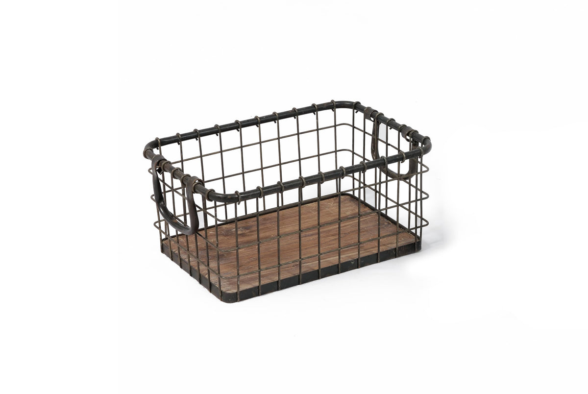 13.8" Wide Rectangular Metal Wire Basket with Wooden Bottom B797199