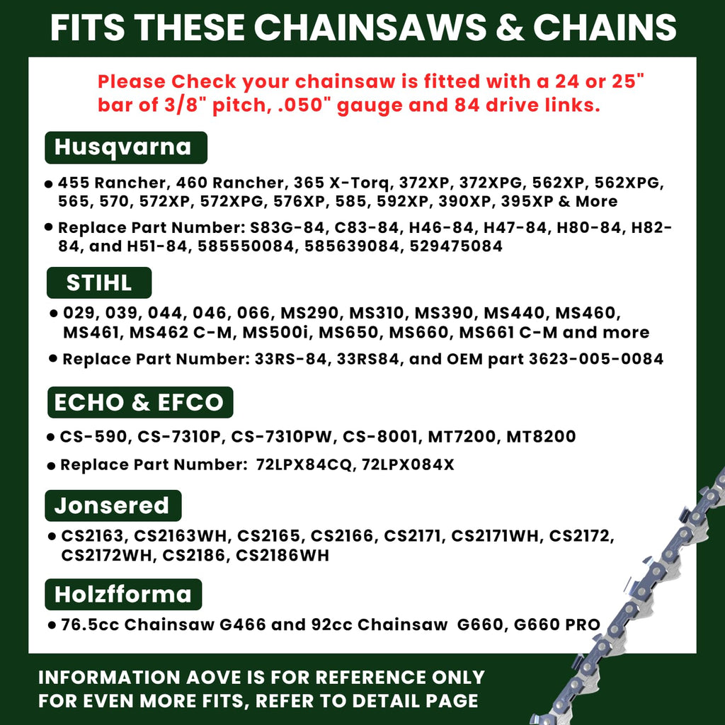 24 Inch Chainsaw Chain 3/8 Pitch .050" Gauge 84 Drive Links Full Chisel C42025