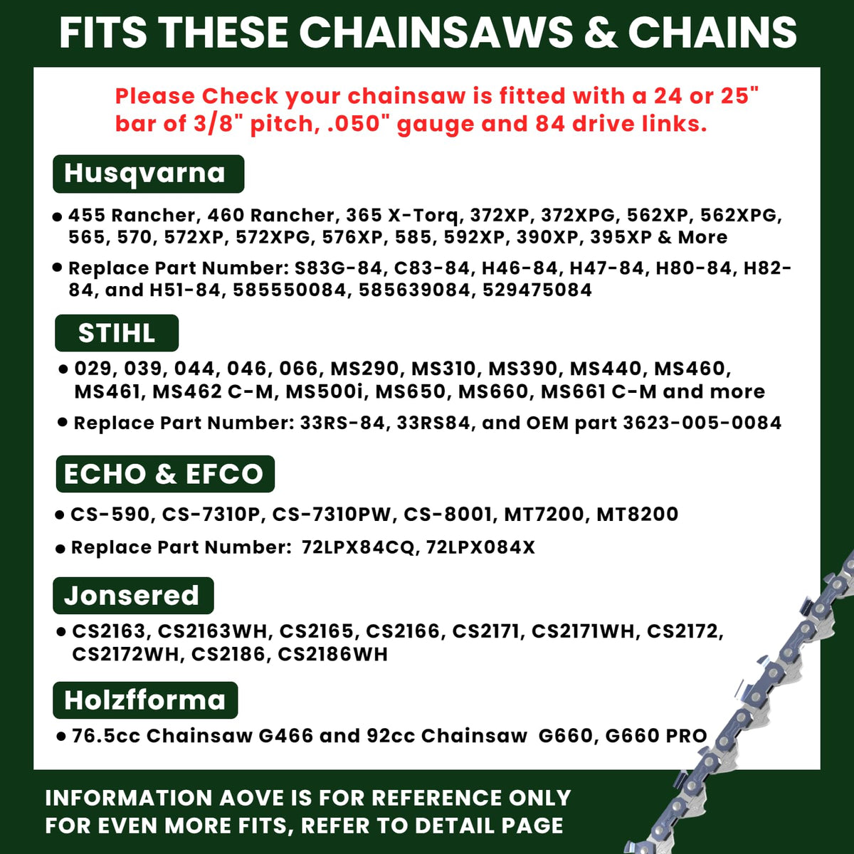 24 Inch Chainsaw Chain 3/8 Pitch .050" Gauge 84 Drive Links Full Chisel C42025