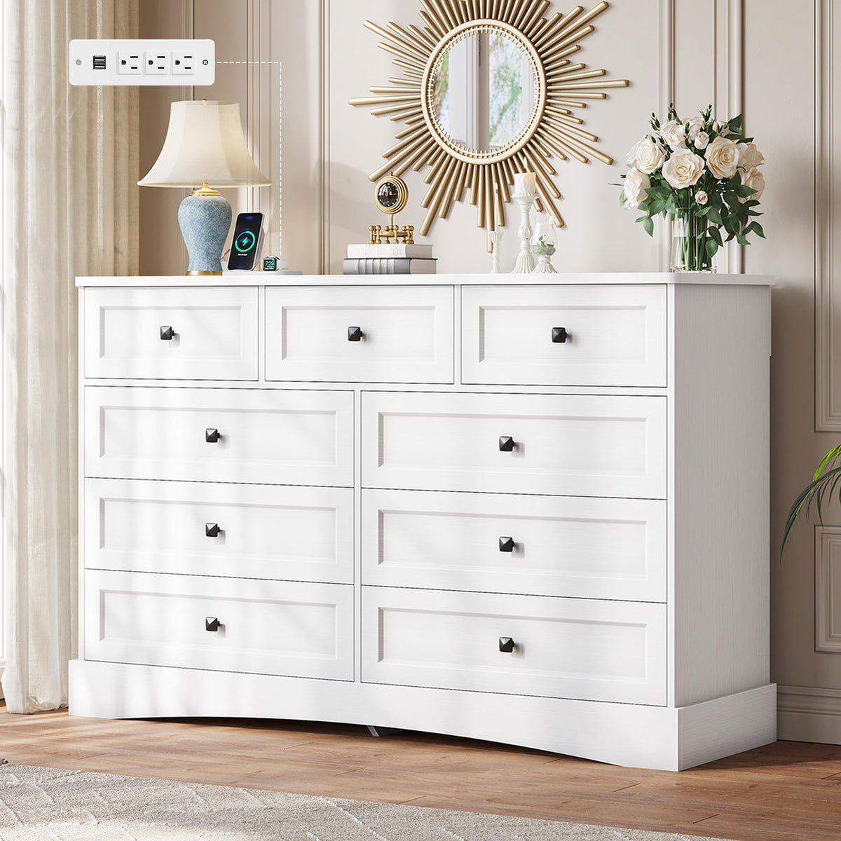 White 9 Drawer Wood Dresser with Charging Station I6550