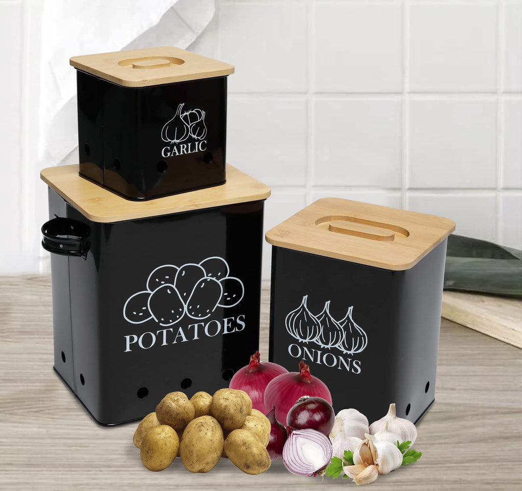 Black 3 Pack Kitchen Canisters Set with Wooden Lid H750