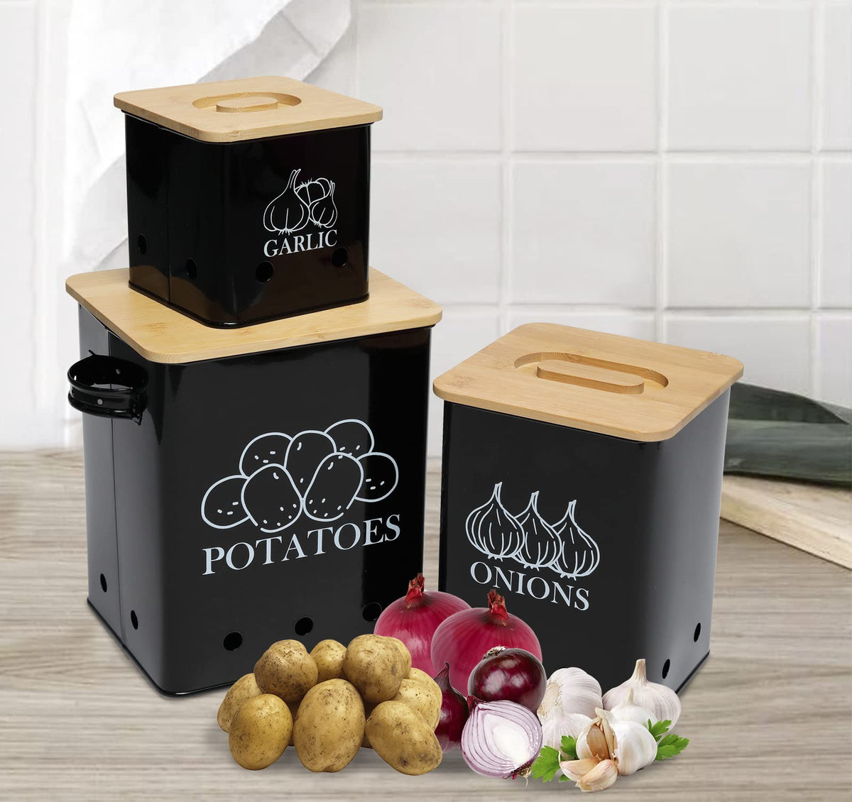 Black 3 Pack Kitchen Canisters Set with Wooden Lid H750