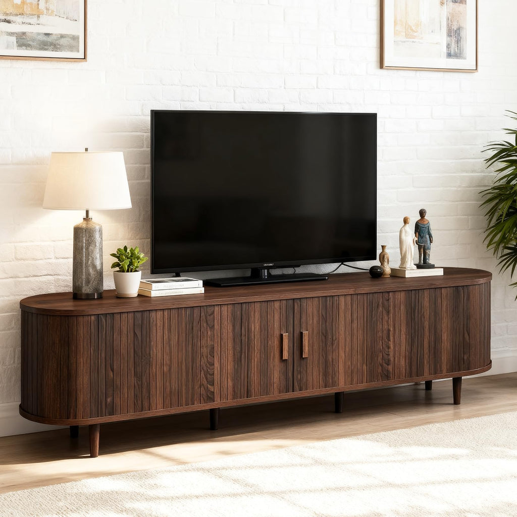 70" Walnut TV Stand with Sliding Doors and Adjustable Shelves I80825