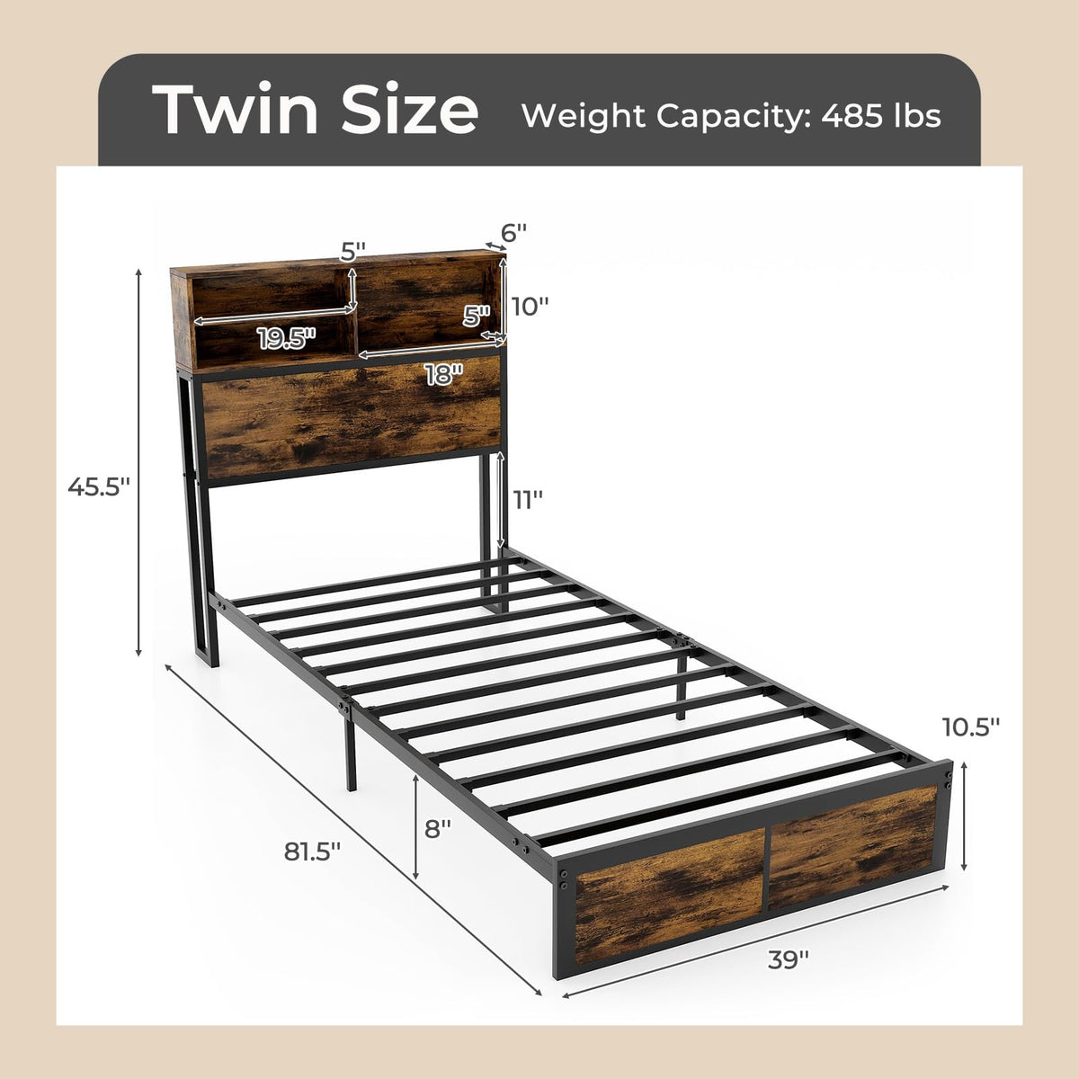 Twin Metal Platform Bed Frame with Storage Headboard Z5089