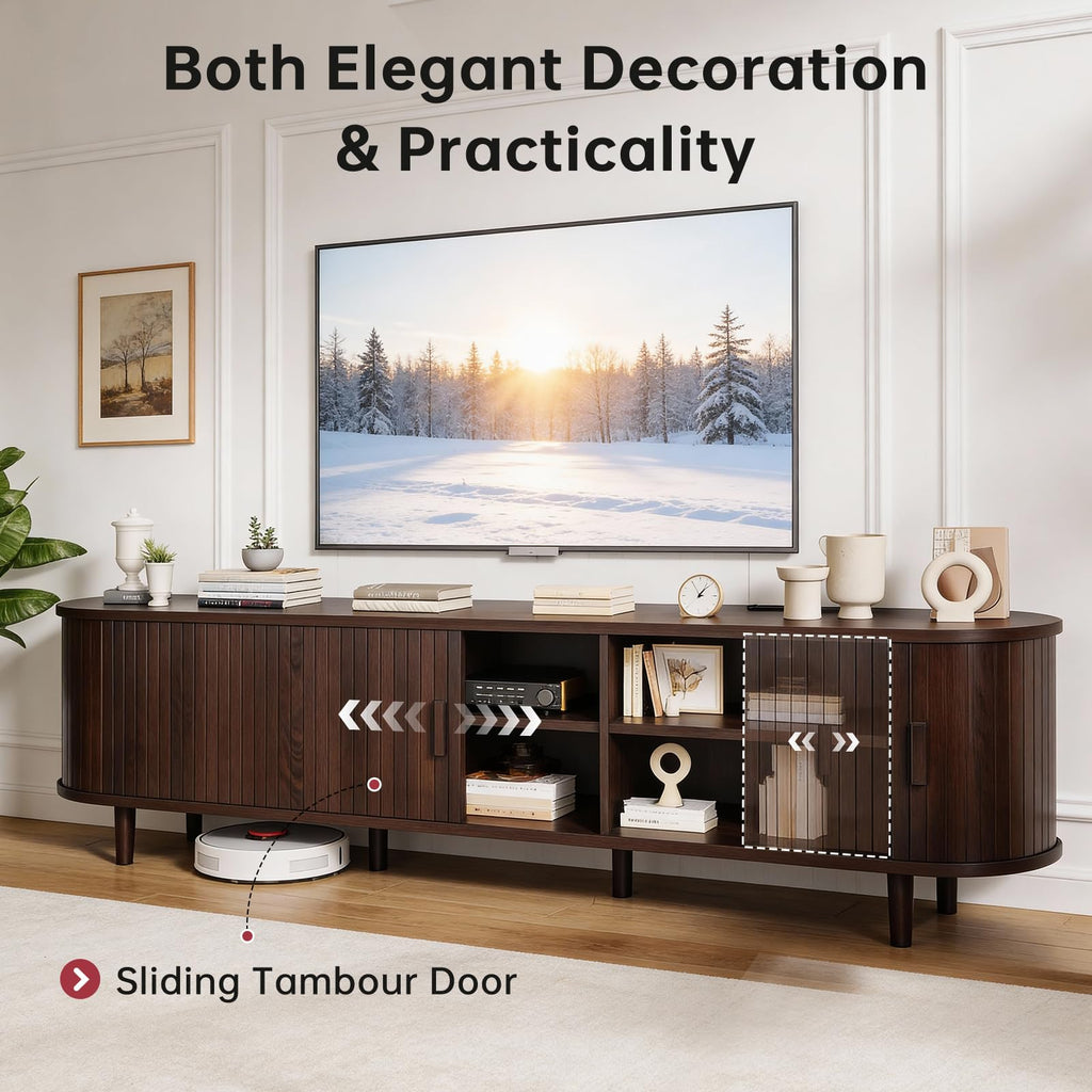 70" Walnut TV Stand with Sliding Doors and Adjustable Shelves I80825