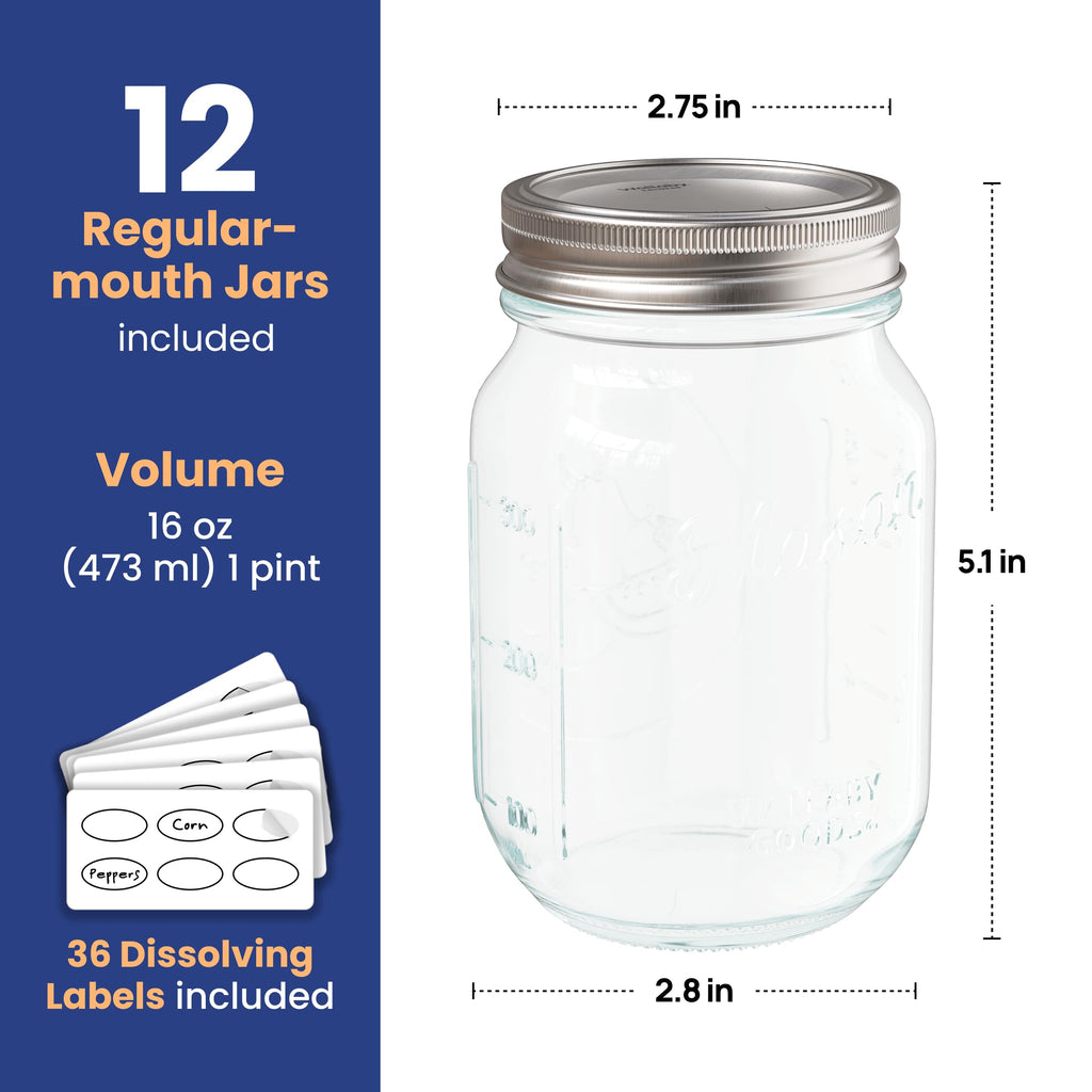 16oz Clear Glass Mason Jars with Lids 12-Pack O2680