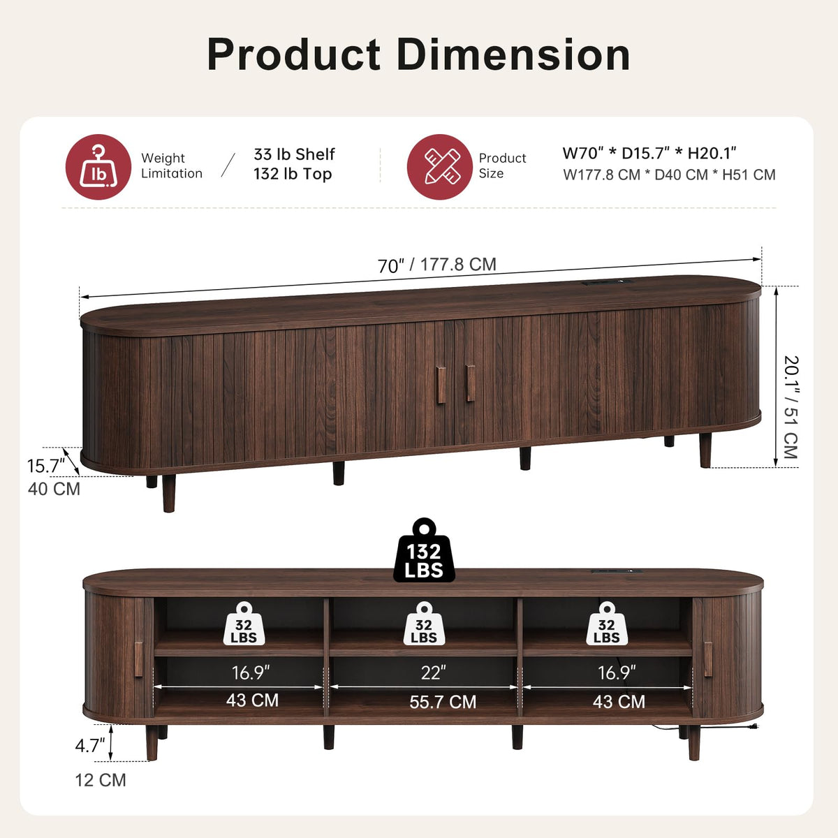 70" Walnut TV Stand with Sliding Doors and Adjustable Shelves I80825