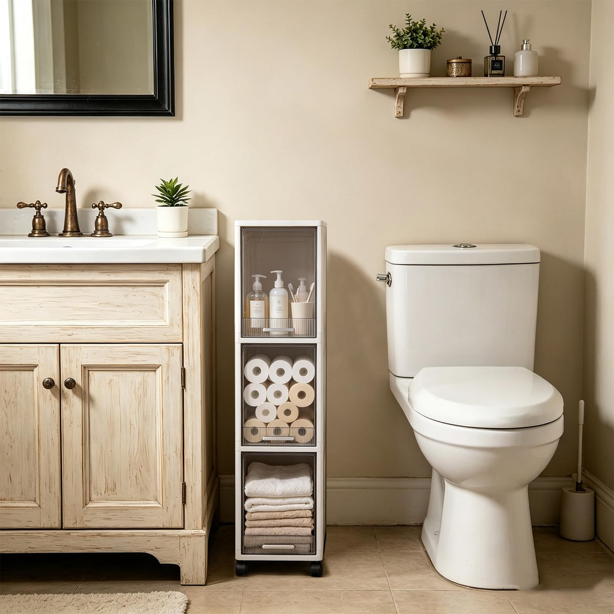 Narrow 3 Tier Bathroom Storage Cabinet with Wheels G8581