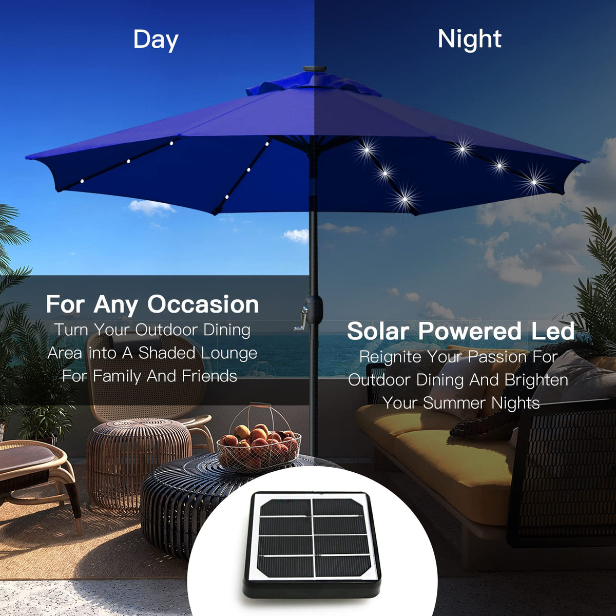 9' Solar LED Patio Umbrella, 8 Ribs, Tilt & Crank (Navy Blue) Q399289