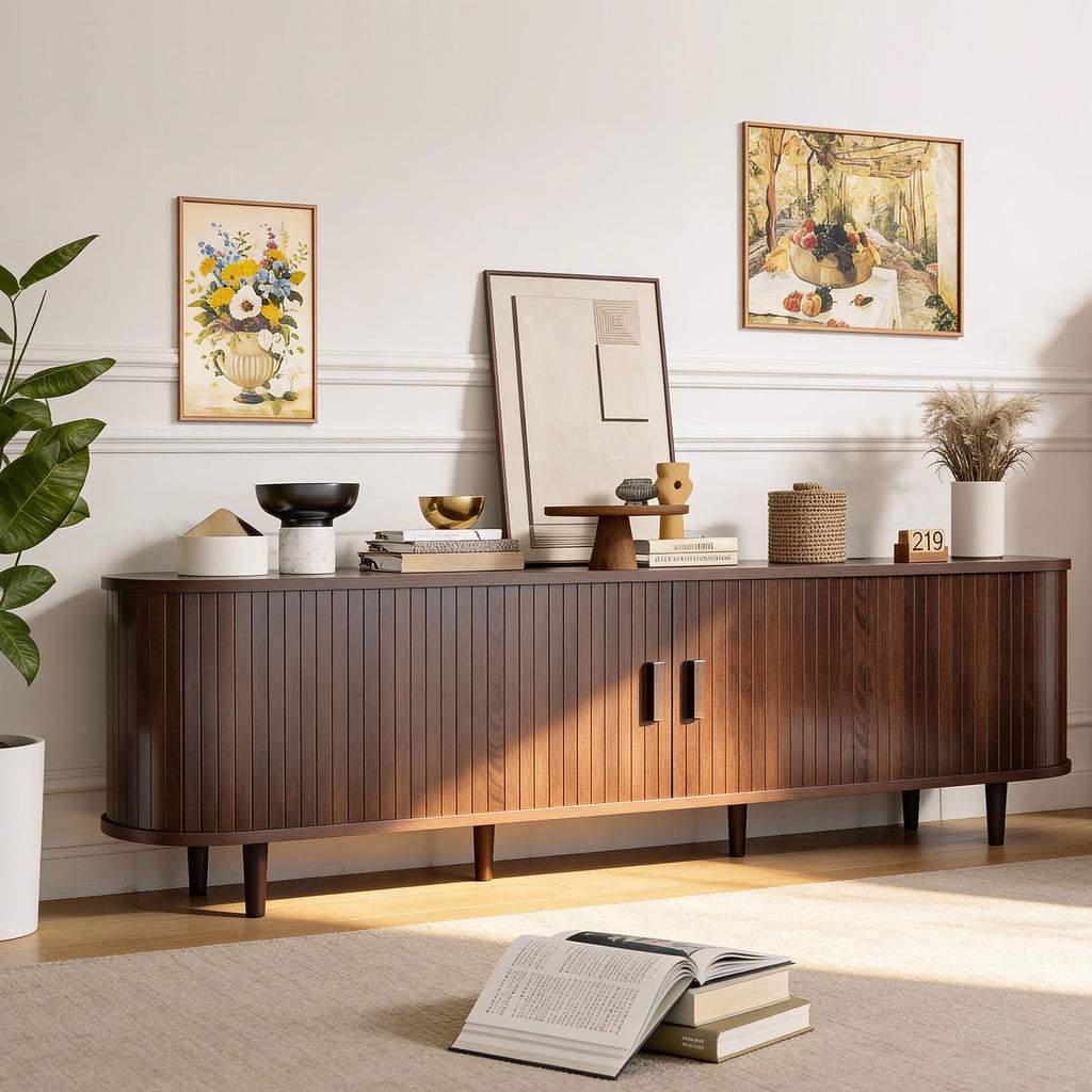 70" Walnut TV Stand with Sliding Doors and Adjustable Shelves I80825