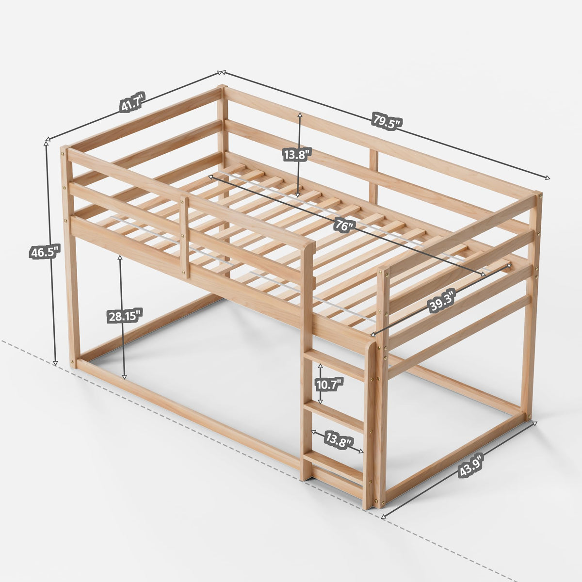 Twin Over Twin Low Bunk Bed with Ladder and Guardrails S55916