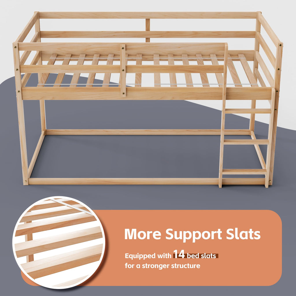 Twin Over Twin Low Bunk Bed with Ladder and Guardrails S55916