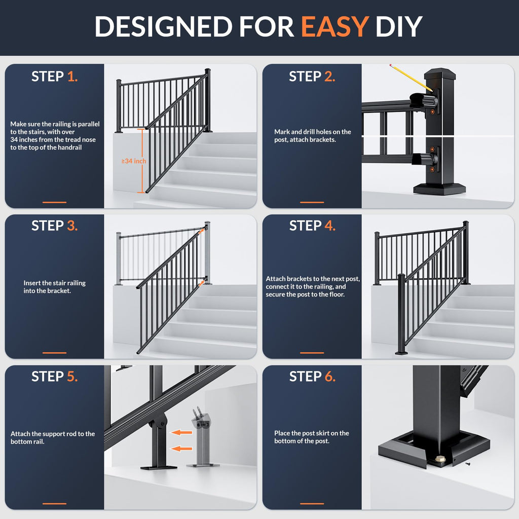 1 Pack 36 in x 6 ft Black Aluminum Stair Railing Kit B969485