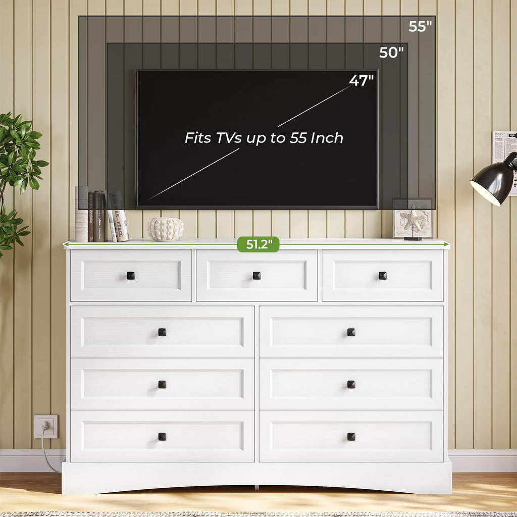 White 9 Drawer Wood Dresser with Charging Station I6550