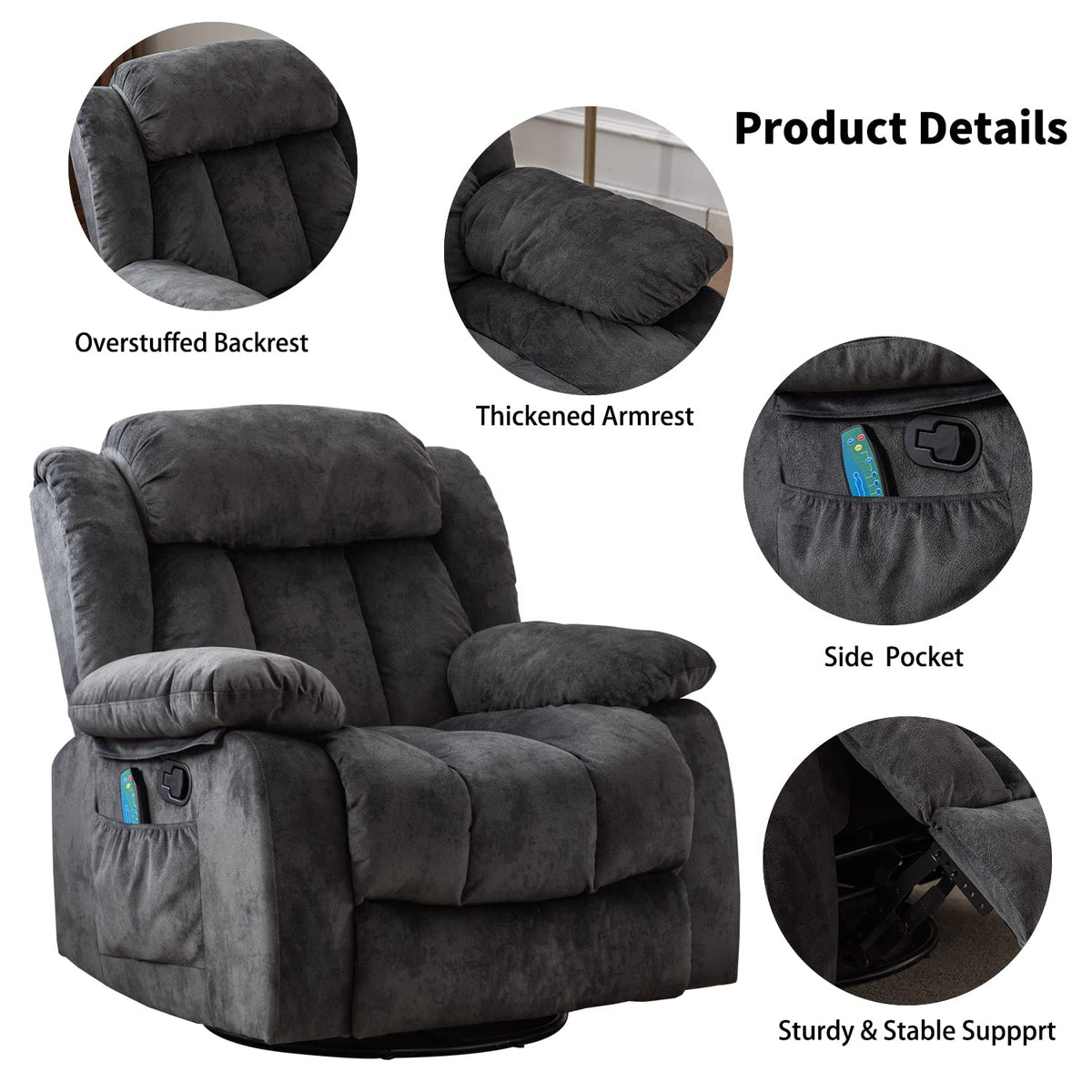 Gray Massage Swivel Rocker Recliner Chair K1729