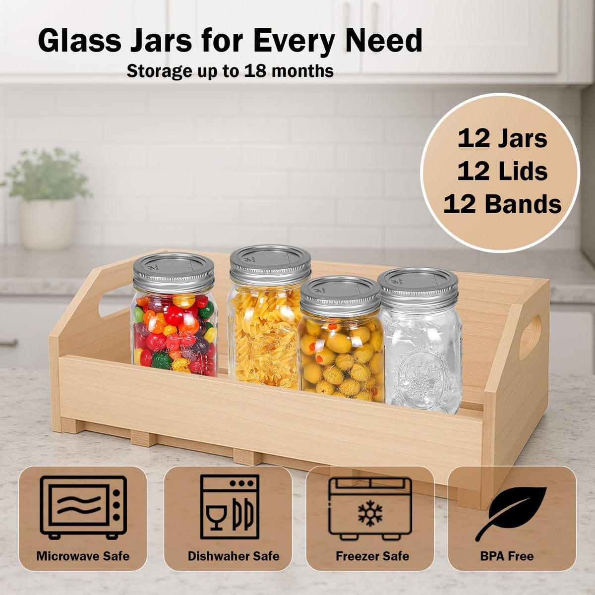 16 oz. Regular Mouth Mason Jars 12 Pack with Airtight Lids and Bands J19793