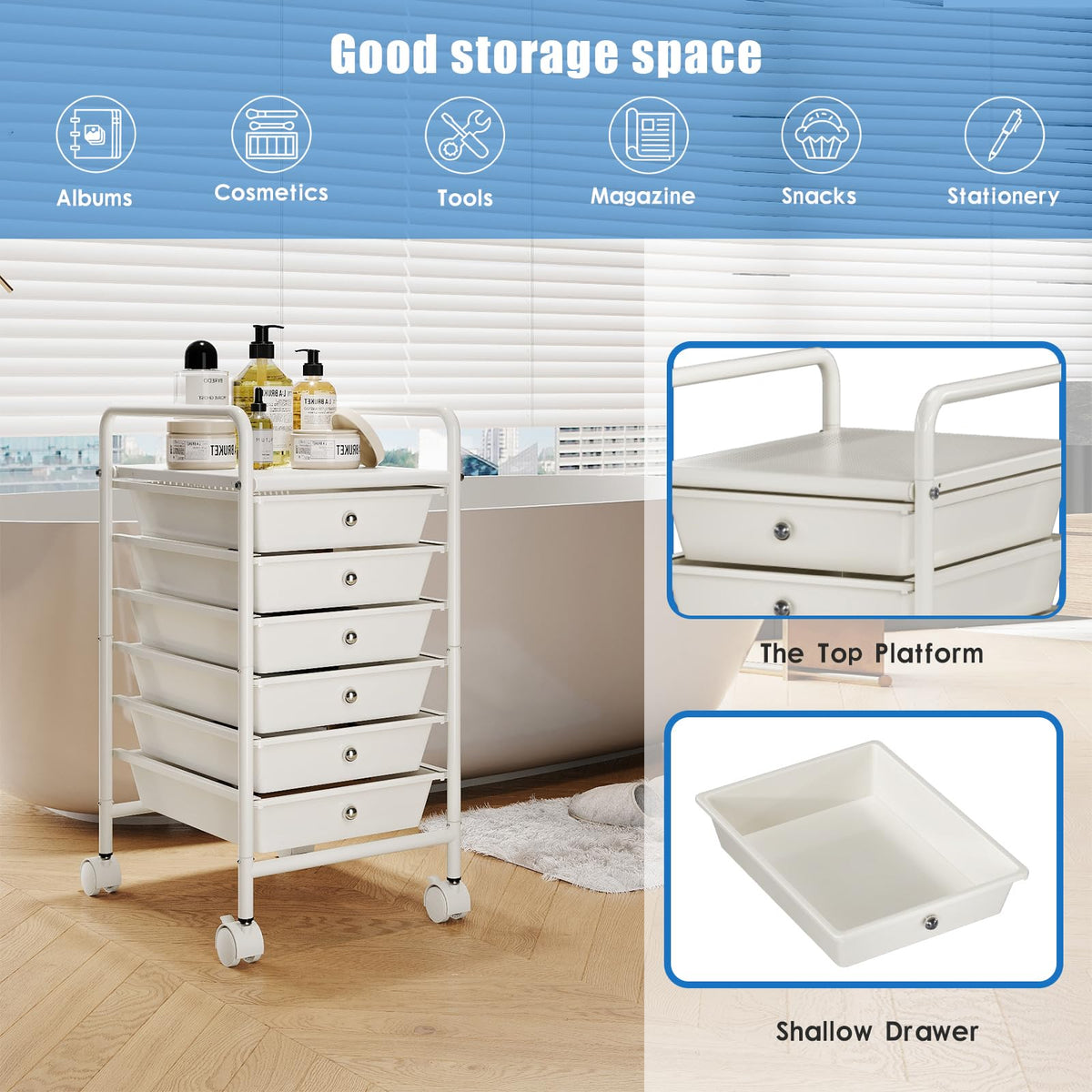 White 6-Tier Rolling Storage Cart with Drawers B17534