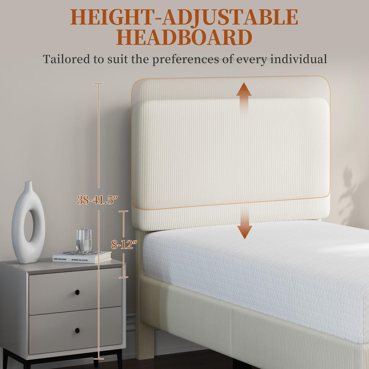 Twin Bed Frame with Adjustable Chenille Upholstered Headboard, Beige G383