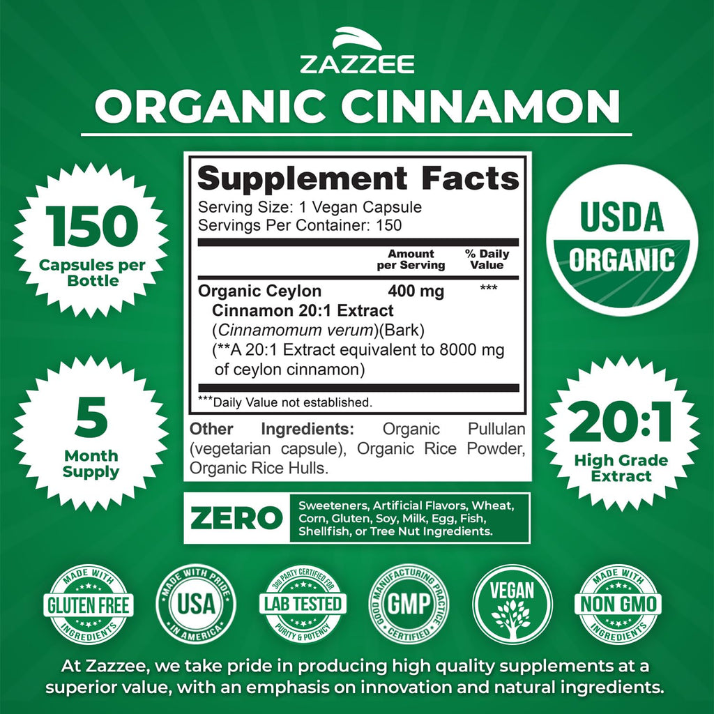 USDA Organic Ceylon Cinnamon 20:1 Extract 150 Capsules K687422
