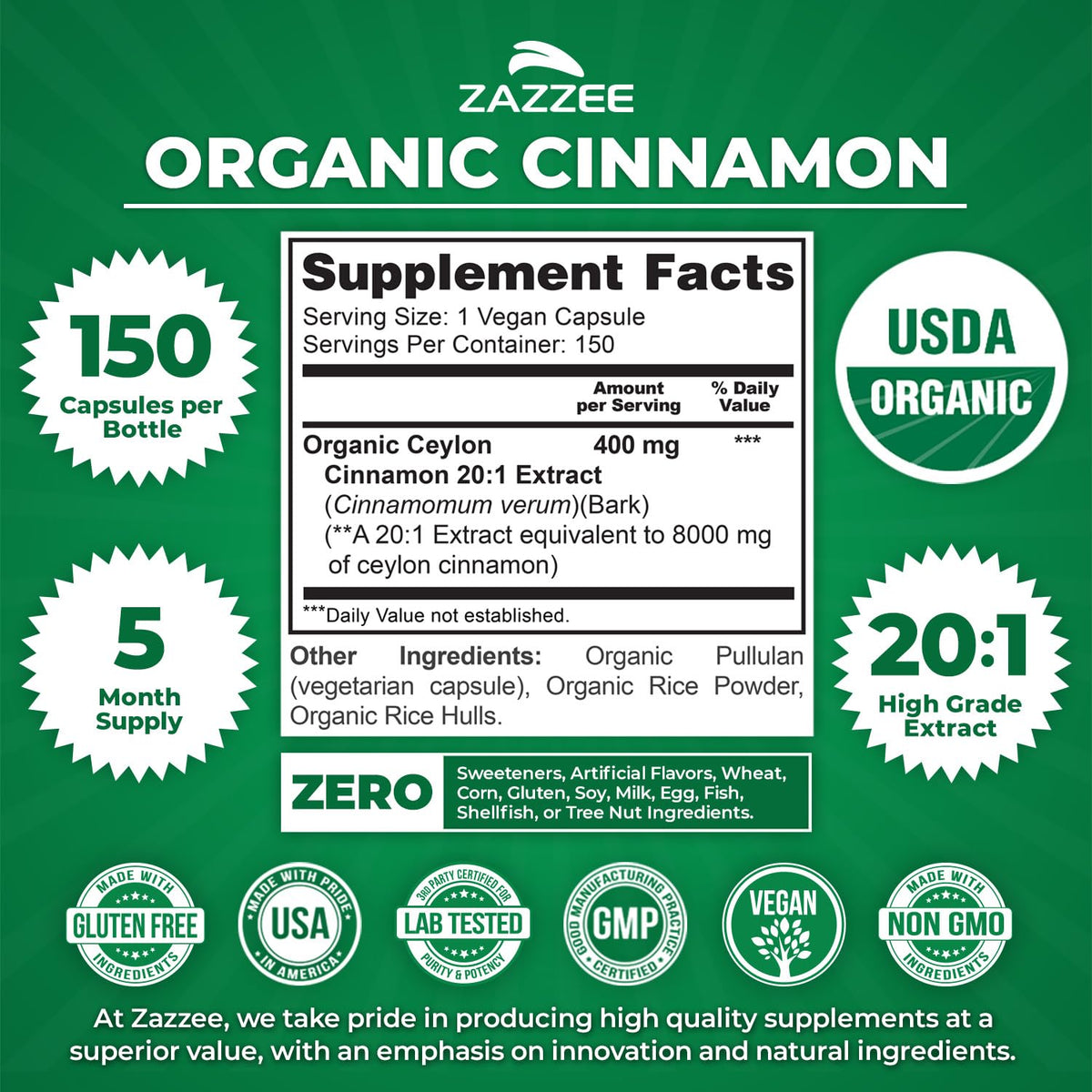 USDA Organic Ceylon Cinnamon 20:1 Extract 150 Capsules K687422