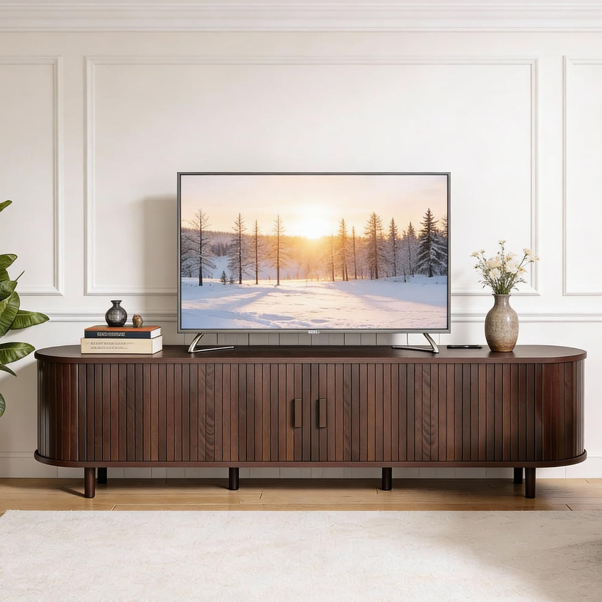 70" Walnut TV Stand with Sliding Doors and Adjustable Shelves I80825