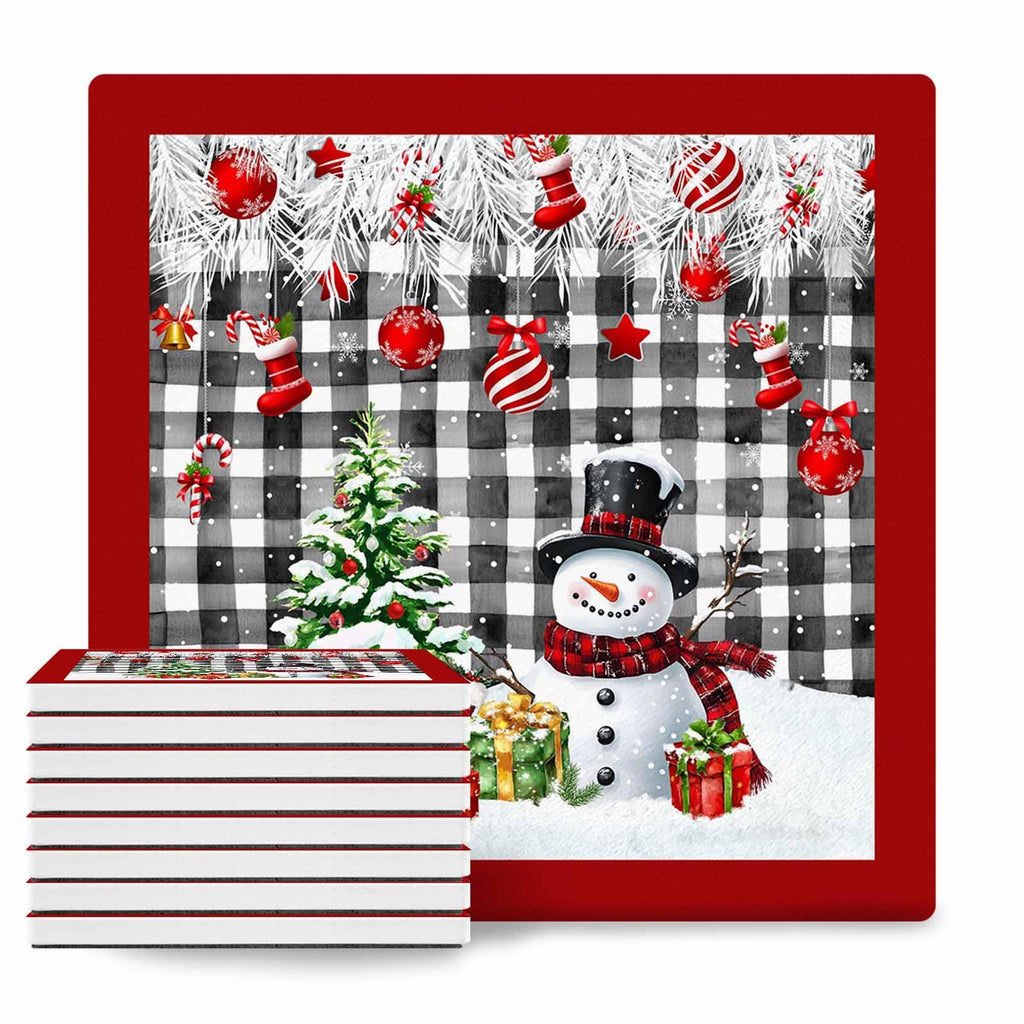 Ceramic Stone Coasters Set of 8 Black White Plaid Absorbent Non Slip E3266