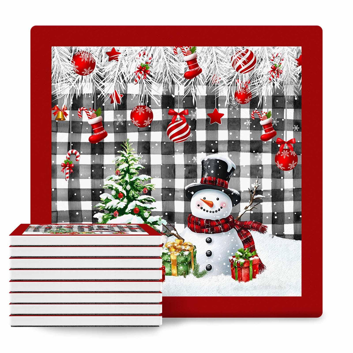 Ceramic Stone Coasters Set of 8 Black White Plaid Absorbent Non Slip E3266