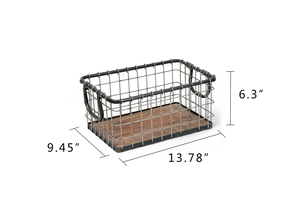 13.8" Wide Rectangular Metal Wire Basket with Wooden Bottom B797199