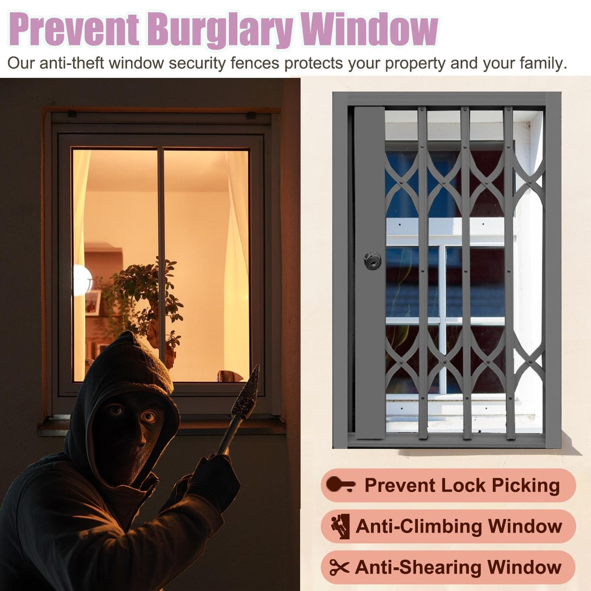 Lockable Folding Aluminum Window Safety Guards, Adjustable Width 24-36 Inch, Black V5122