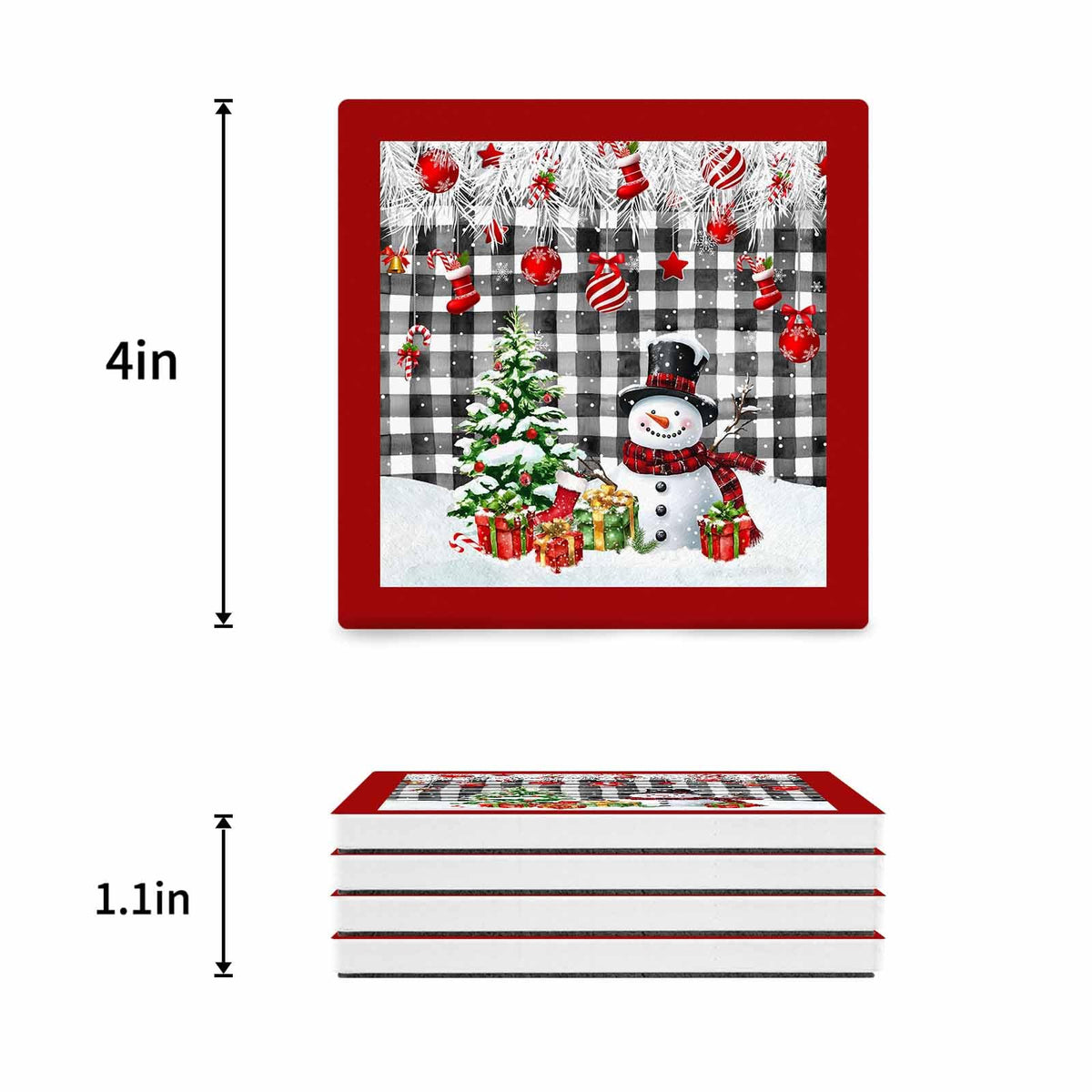 Ceramic Stone Coasters Set of 8 Black White Plaid Absorbent Non Slip E3266