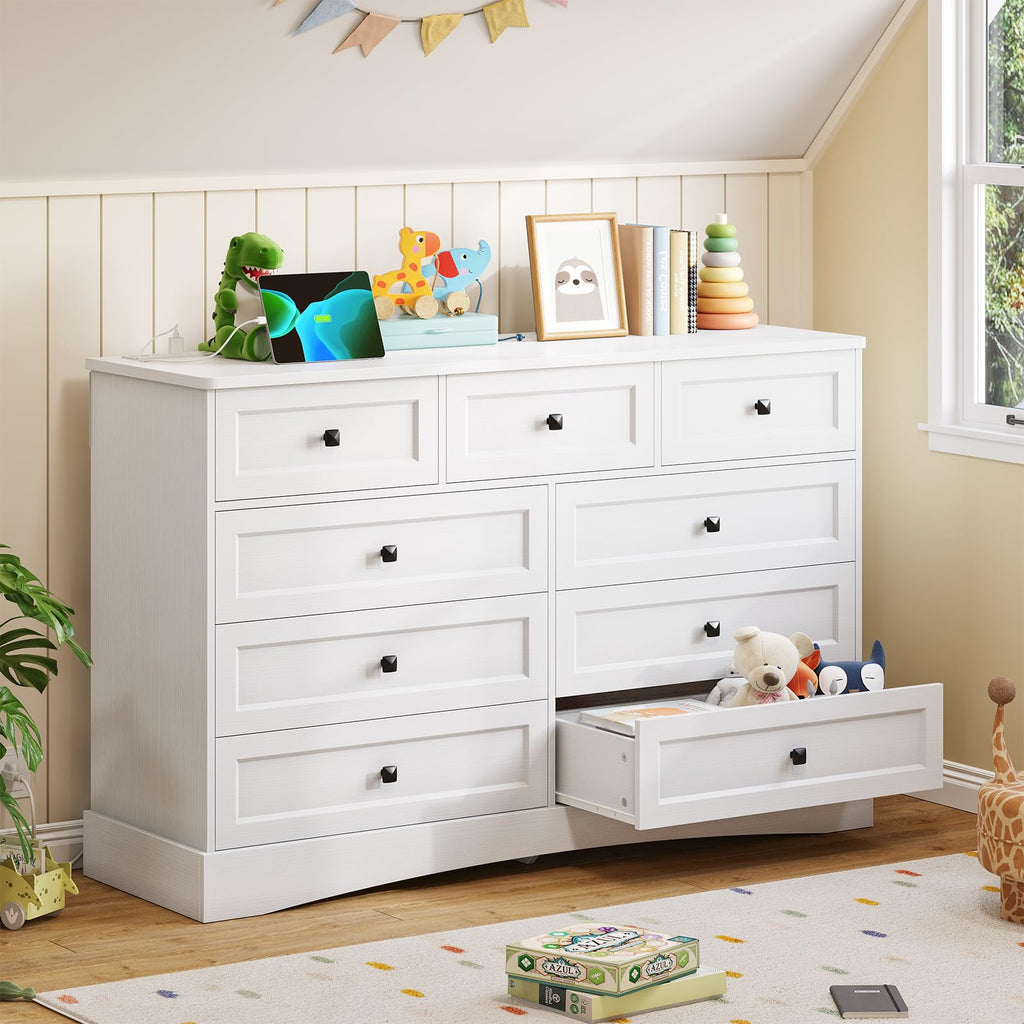 White 9 Drawer Wood Dresser with Charging Station I6550