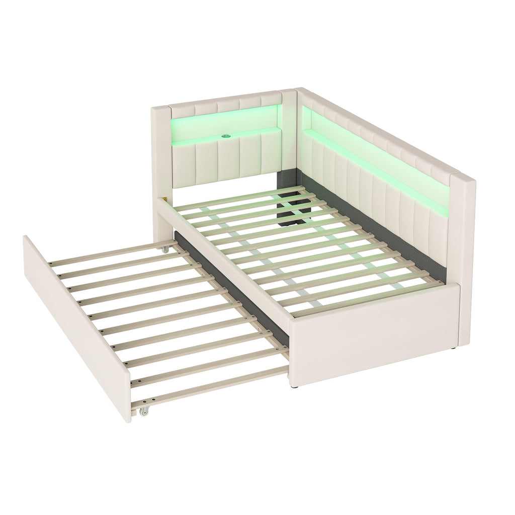 Twin Size Upholstered Daybed with Trundle and USB LED Belt V43915