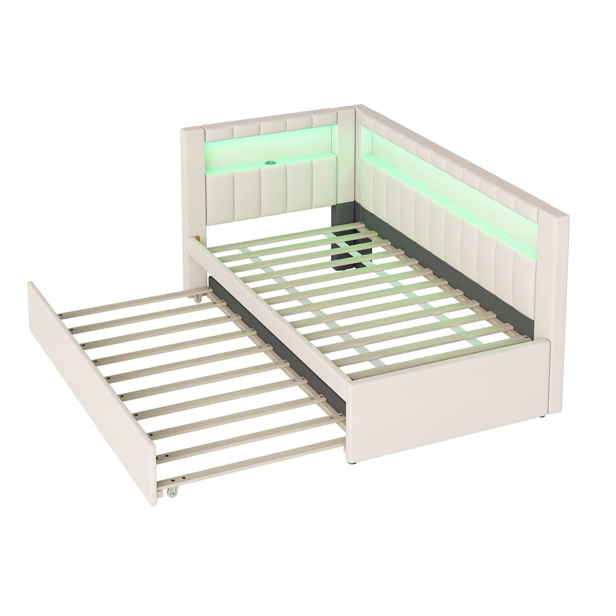 Twin Size Upholstered Daybed with Trundle and USB LED Belt V43915
