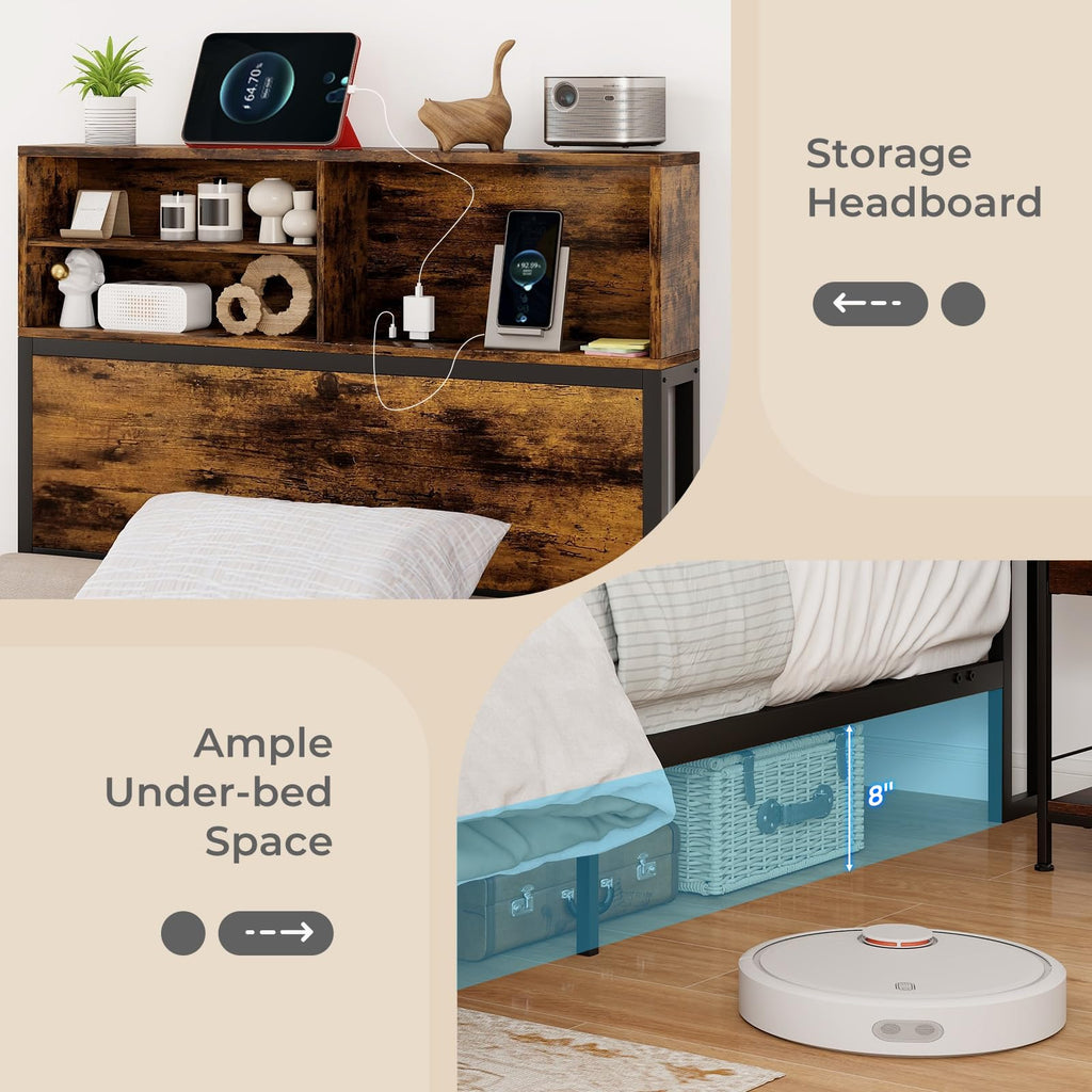 Twin Metal Platform Bed Frame with Storage Headboard Z5089