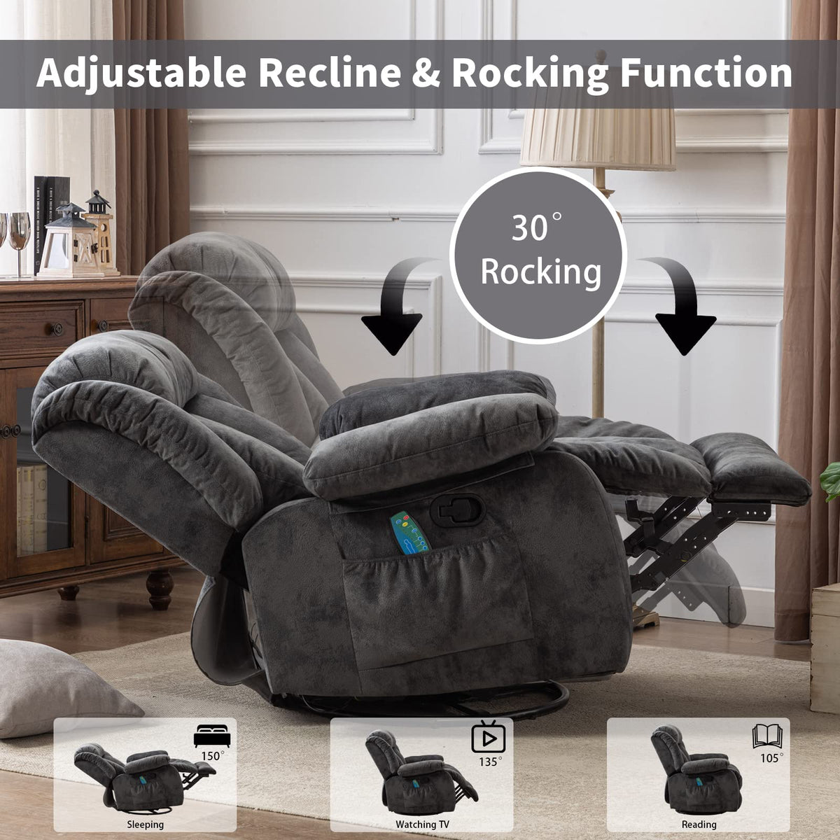 Gray Massage Swivel Rocker Recliner Chair K1729