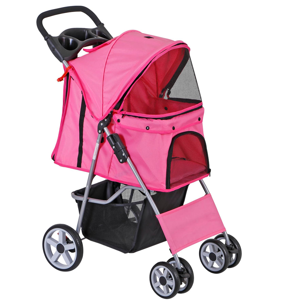 4 Wheels Folding Dog Stroller with Storage Basket, Pink O2115