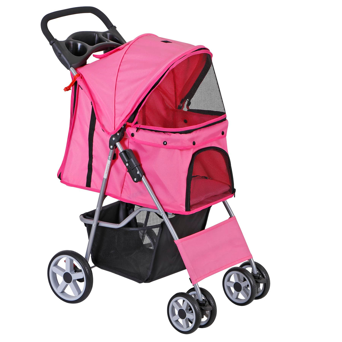 4 Wheels Folding Dog Stroller with Storage Basket, Pink O2115