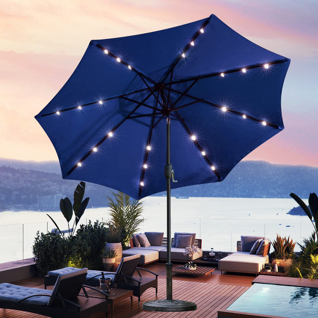 9' Solar LED Patio Umbrella, 8 Ribs, Tilt & Crank (Navy Blue) Q399289