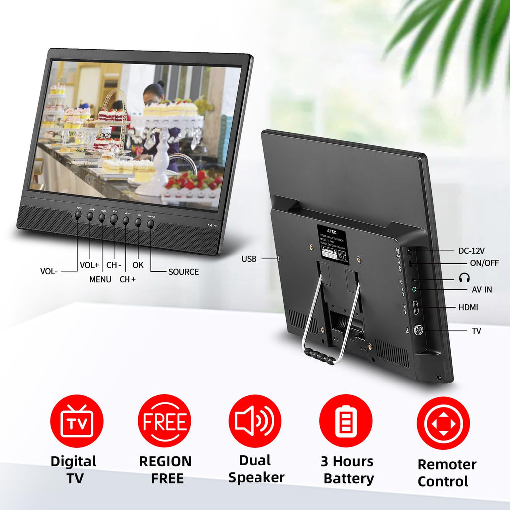 14 Inch Portable TV with Rechargeable Battery, ATSC Tuner, USB/HDMI/AV, 12 Volt N2734