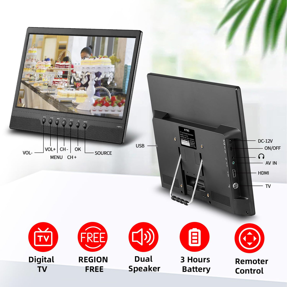 14 Inch Portable TV with Rechargeable Battery, ATSC Tuner, USB/HDMI/AV, 12 Volt N2734